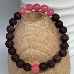 PINK Jade and Brown Lava Stone Stretch Bracelet